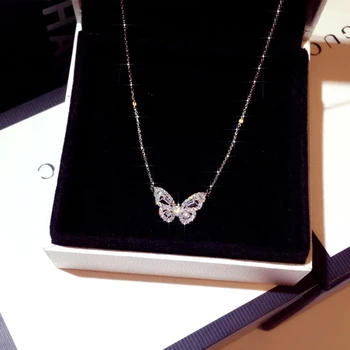 2021 Нов Сребърен Цвят Crystal Butterfly Чар Висулка Колие Колие За Жени Изявление на Сватба Парти Бижута dz589