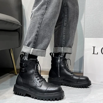 2022 Модерен зимни мъжки ботильоны; обувки на платформа; черна мъжки Ежедневни Обувки на дебела Подметка; кожени Обувки на масивна токчета в стил пънк; botas hombre