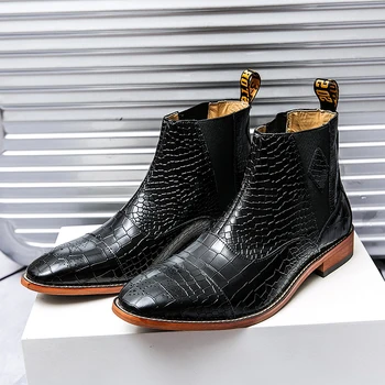 Луксозни мъжки обувки на Италианската марка; Обувки Челси; мъжки Дизайнерски Кожени Обувки На Дебела Подметка с остри пръсти; Черни Каубойски Ботуши с Високо Качество