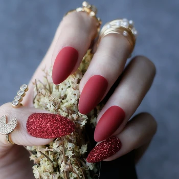 Бадем Блестящи нокти Режийни ноктите Коледни Тъпи Червени Режийни ноктите на висок ток пълни комплекти 24шт