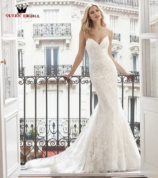Модерна Сватбена рокля на Русалка на тънки спагети презрамки 2023, Дантелено на Булката рокля с дължина до пода с V-образно деколте и отворен гръб Vestido De Новия XC09
