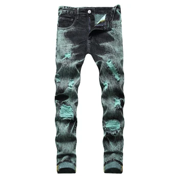 Мъжки дънки Y2K Tie and Dye Denim Градинска Дрехи Скъсани прави Панталони с Дупки Черни и Зелени Панталони