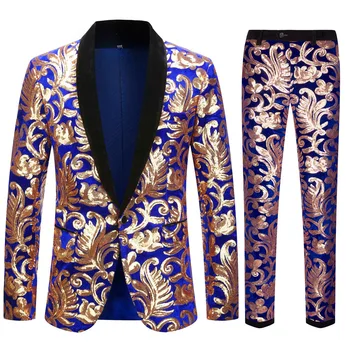 Европейският размер (сако + панталон Мъжки костюм Модна Чудесен Синьо Кадифе Костюм със златни пайети Сватбена рокля за булката Комплект от 2 теми