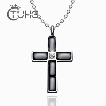 Нов Елегантен Кубичен Циркон Кръст Керамични Колиета, Медальони Сребърен Цвят Кръст Кристиан Исус Бижута За Жени Аксесоари