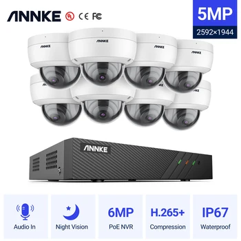 ANNKE 8CH FHD 5MP POE Мрежова Система за видео наблюдение H. 265 + 6MP NVR с 8X5-мегапикселова Водоустойчиви Камери за видеонаблюдение POE с аудиовходом