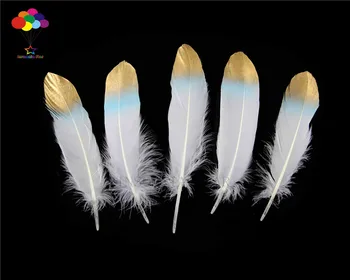 10шт 100% естествена гъска перо премиум-клас 20-25 см/8-10 инча бяла синя опашка златна върха красива, за Сам костюм, маска, прическа