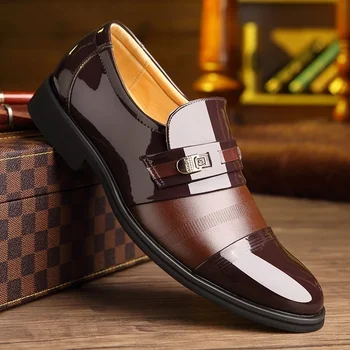Английски мъжки Новите Модни кожени обувки, бизнес обувки с остри пръсти, Офис обувки, мъжки обувки, обувки за Сватба, ярки кожени обувки