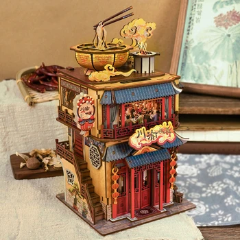 DIY Wooden Пикантен Горещ Пот Миниатюрни Строителни Комплекти Гледка Към Улицата на Града 3D Събрани Куклени Къщи Настолна Кутия За Съхранение на Приятелите Подаръци