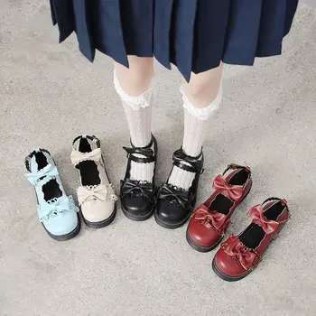 Готически Аниме Cosplay Лолита JK Обувки На Платформа Японски Студенти Момичета през Цялата Чорап Обтегач Колани, Обувки С Лък Изкуствена Кожа